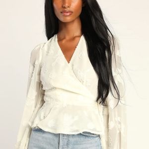 Elegant Image Ivory Floral Burnout Long Sleeve Wrap Top Lulus